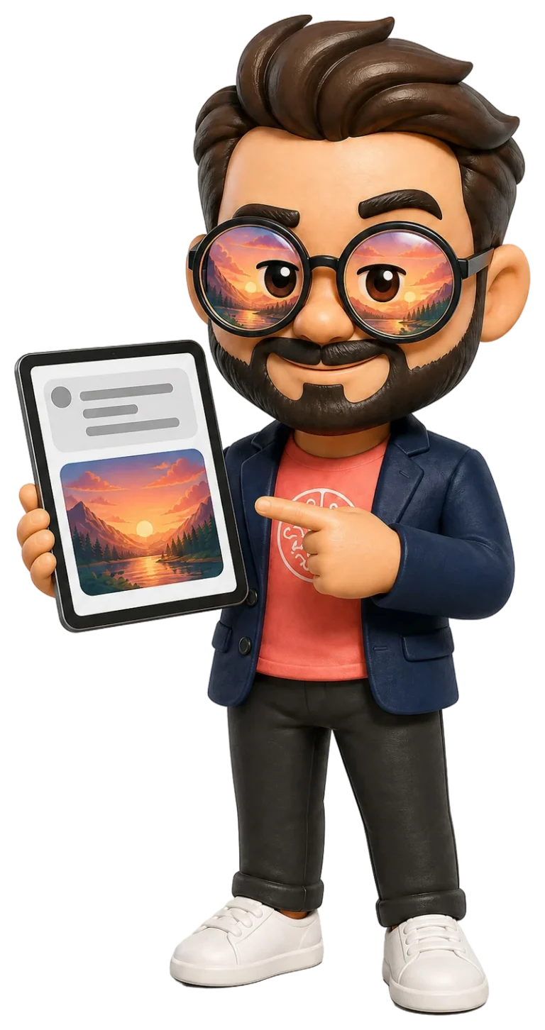 Simón, mascota de Simplifica con IA, señala una tablet con un prompt y su resultado