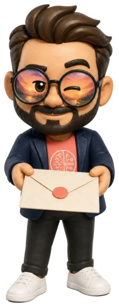 Simón, la mascota de Simplifica con IA, guiña un ojo y entrega un sobre con la newsletter