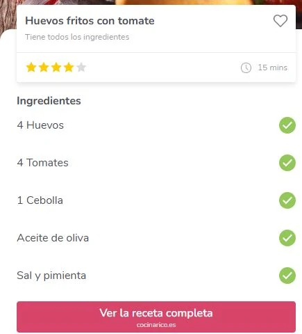 Ficha de SuperCook que marca disponibles cuatro huevos y cuatro tomates